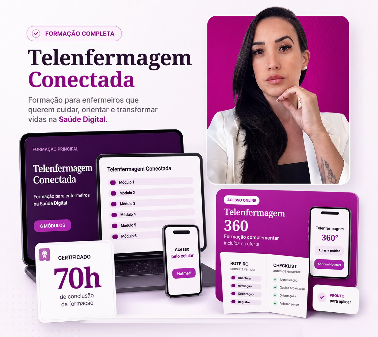 Mockup hero com Telenfermagem Conectada, Telenfermagem 360, foto da Elaine e certificado de 70h