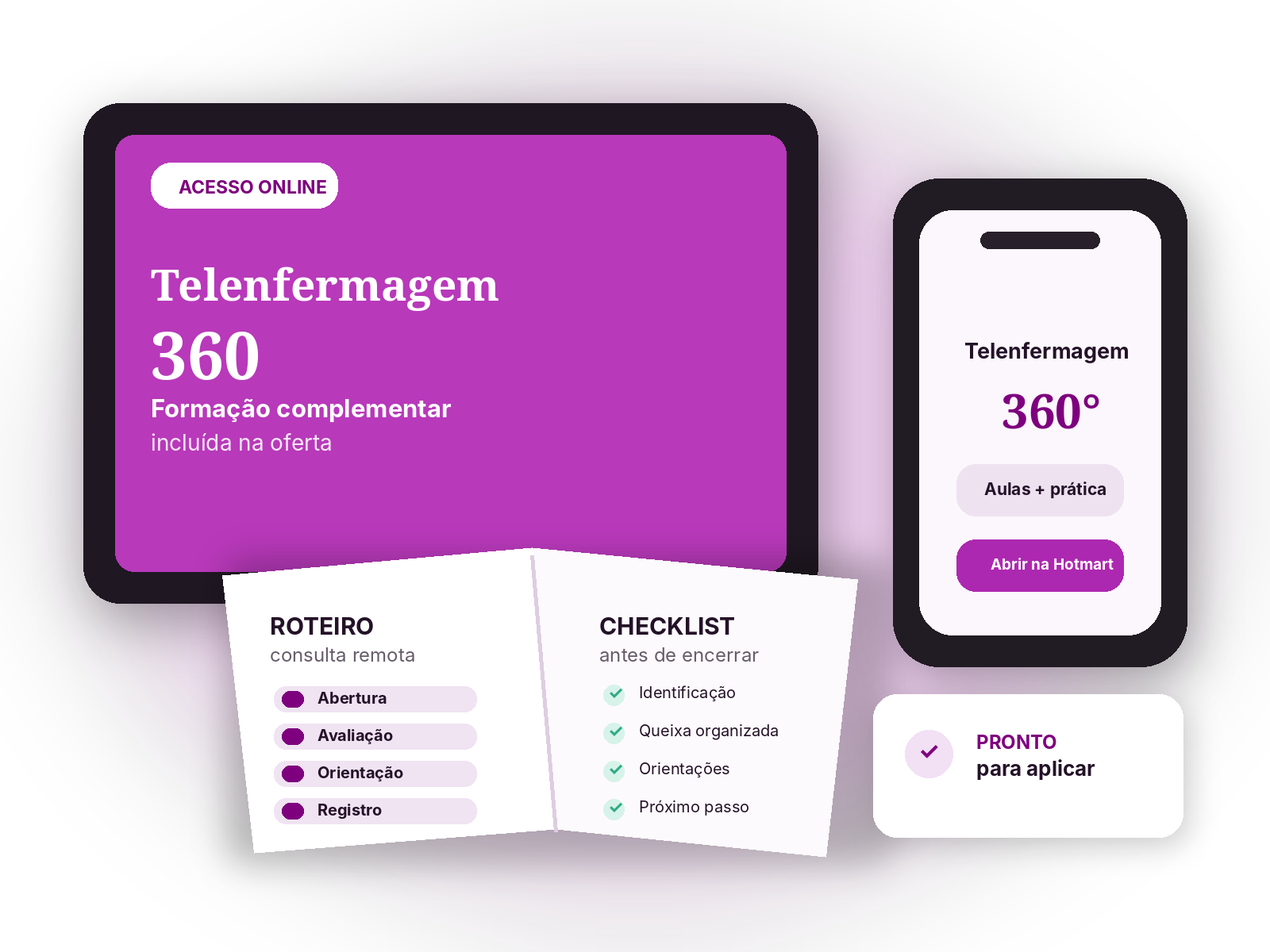 Mockup do Telenfermagem 360 com roteiro, checklist e acesso pelo celular