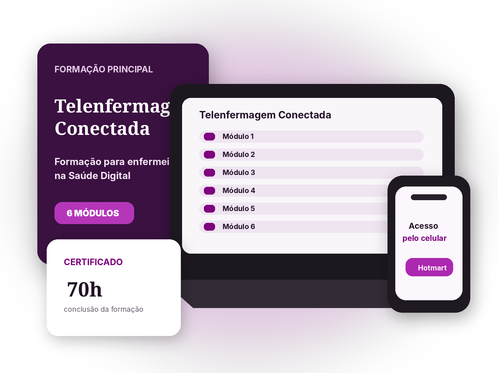 Mockup da formação Telenfermagem Conectada com módulos, certificado e acesso pelo celular